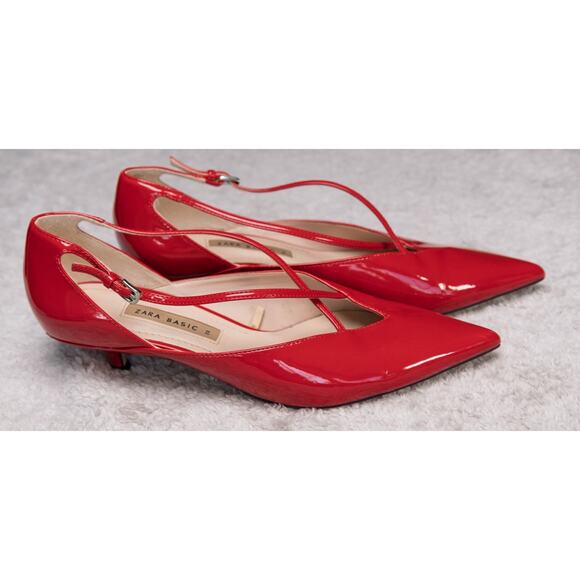 Zara Collection Red Faux Patent Leather Kitten Heels Buckle Womens EU 38 US 7 - Picture 4 of 15